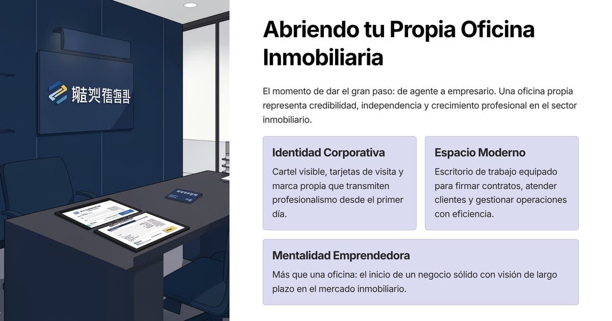Agent immobiliari a la seva pròpia oficina amb escriptori modern i documents d'obertura d'agència — guia requisits 2026