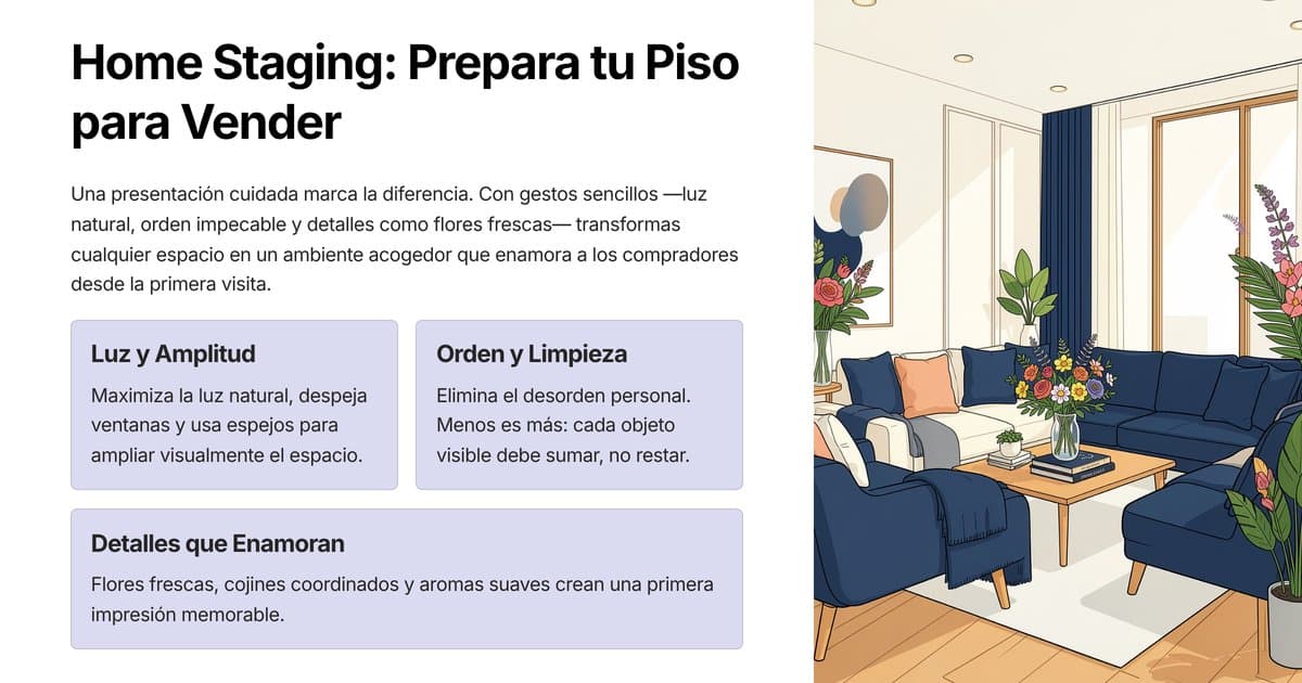 Propietario preparando piso para venta con home staging básico, sala luminosa y bien ordenada — guía cómo preparar tu casa para vender rápido 2026
