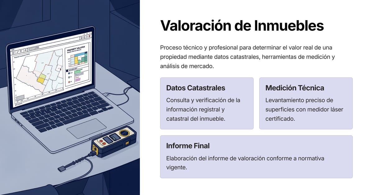 Tasador realizando valoración de piso en Catalunya con portátil y datos catastrales — guía cómo valorar tu piso 2026