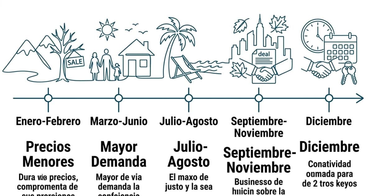 Pareja con agente inmobiliario revisando calendario anual y gráfica de precios por temporada 2026