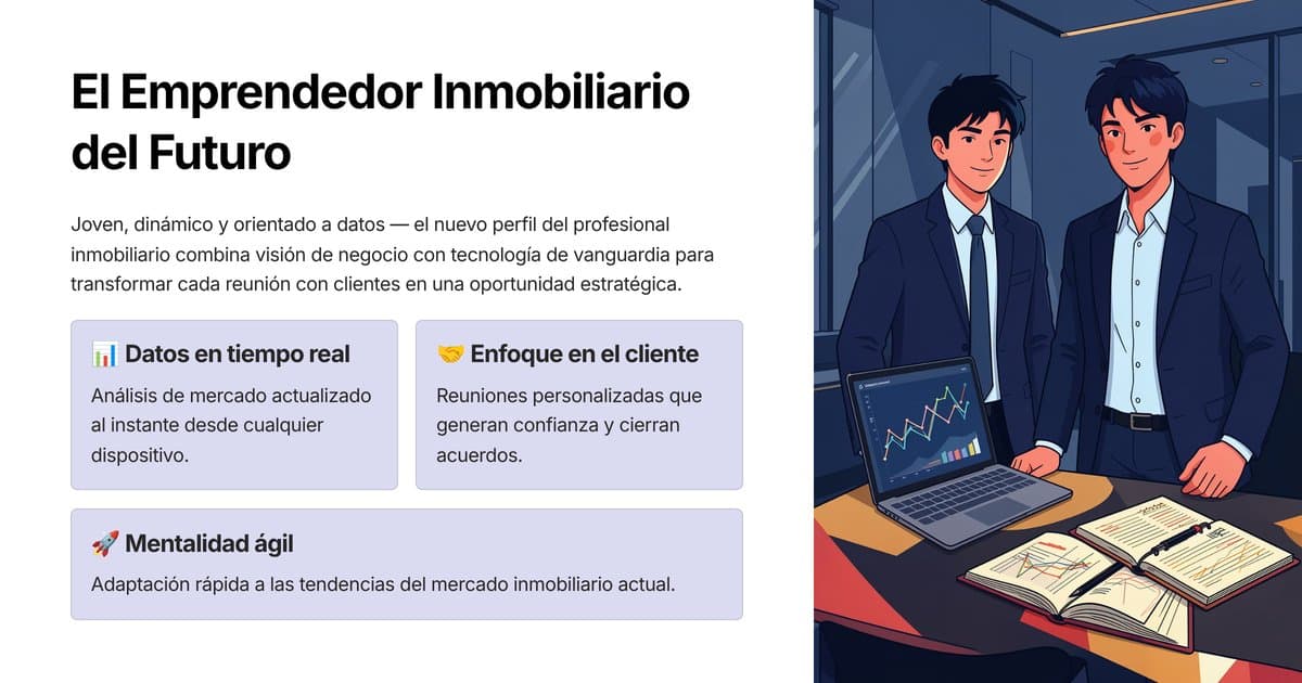 Emprendedor inmobiliario joven en reunión con cliente en oficina moderna — guía emprender en el sector inmobiliario 2026