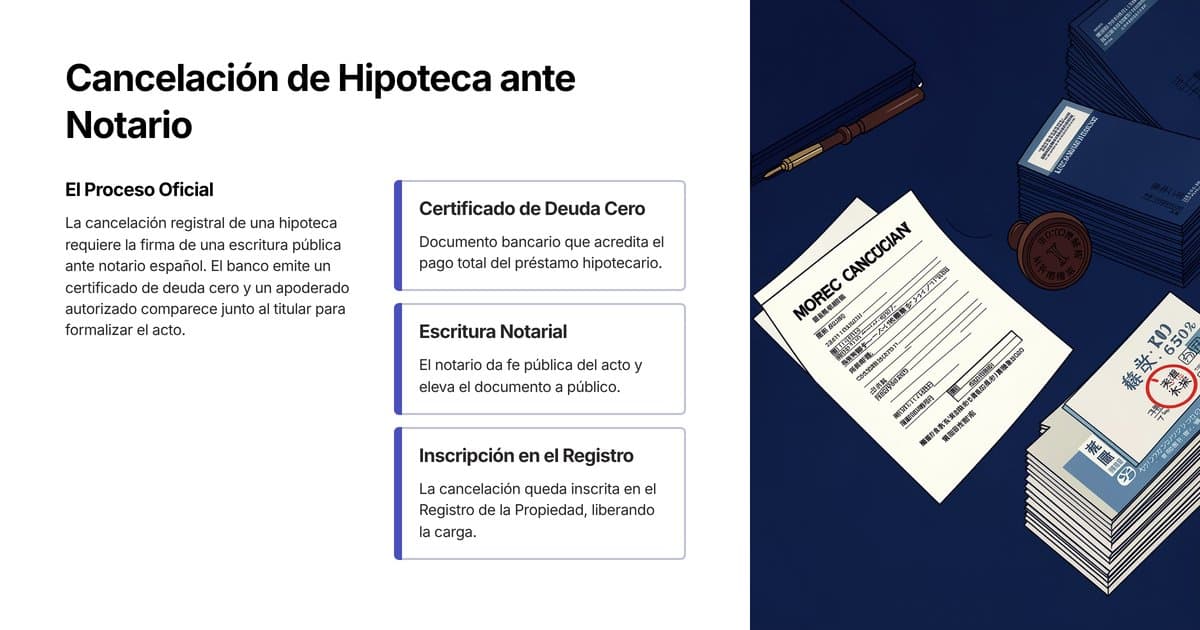Firma de cancelación registral de hipoteca en notaría española con escrituras y sello notarial — guía paso a paso 2026
