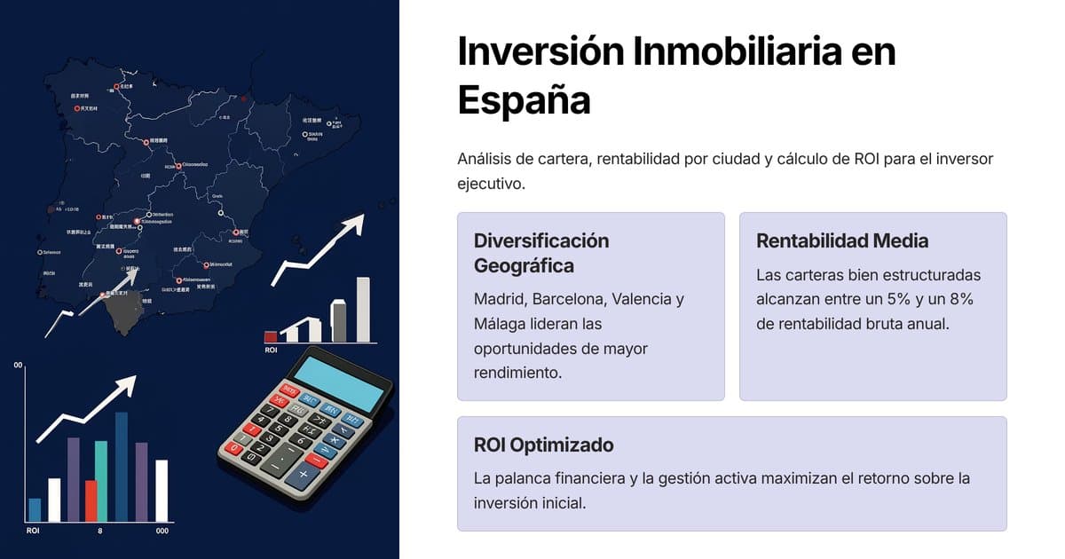 Inversor revisant cartera de propietats a Espanya amb mapa de ciutats i gràfiques de rendibilitat — guia inversions immobiliàries Espanya 2026